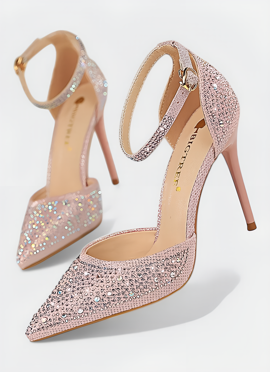 POINTED TOE HOLLOW STRAP SHINY RHINESTONE HEELS