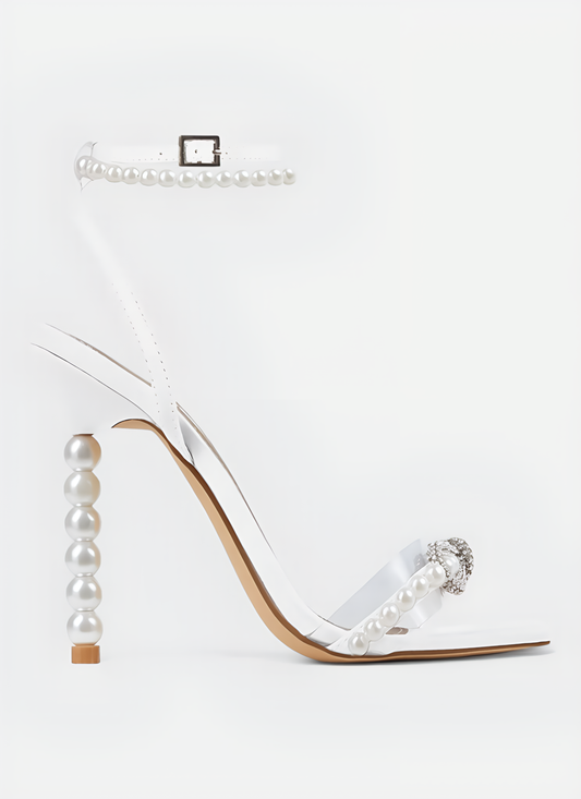 SQUARE HEAD RHINESTONE BOW PEARL HIGH HEELS