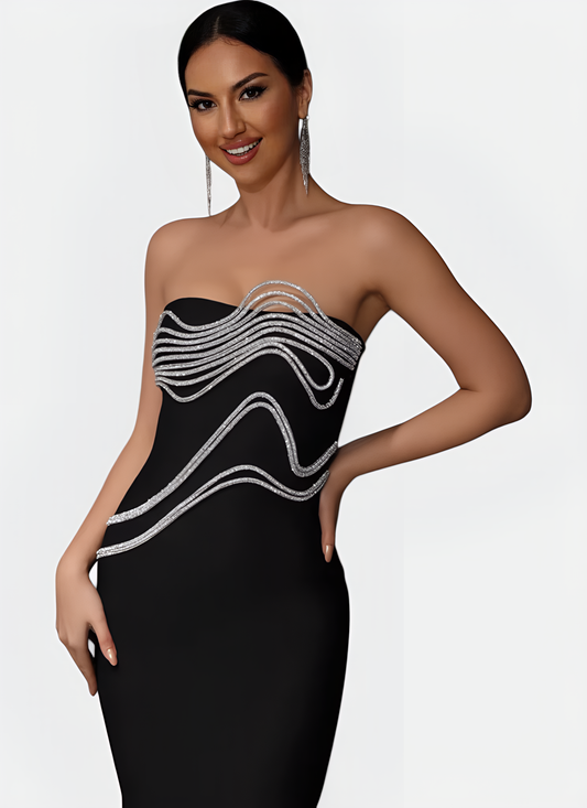 BLACK STRAPLESS BANDAGE DRESS WITH APPLIQUÉS