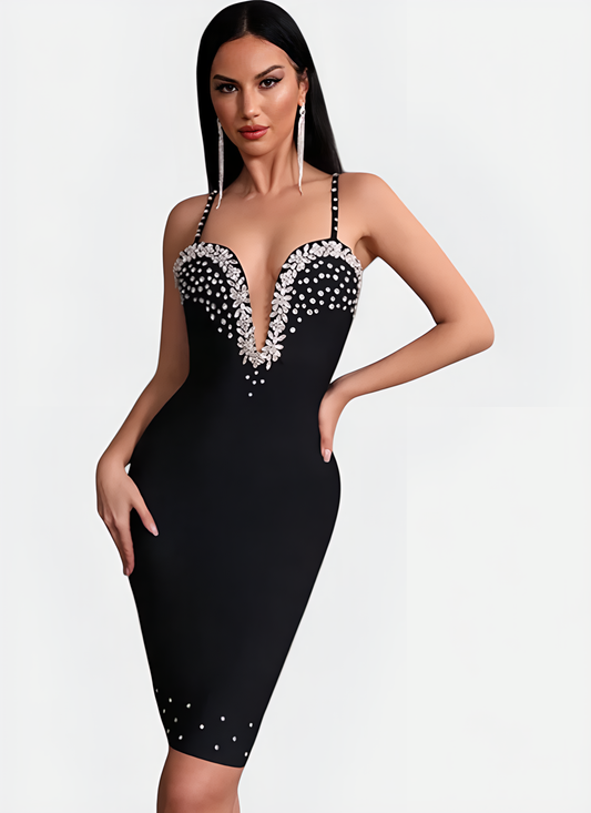 BLACK V-NECK SPAGHETTI STRAP BANDAGE DRESS WITH BEADING