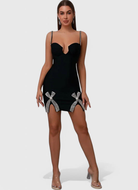 BLACK V - NECK SPAGHETTI STRAP BANDAGE DRESS WITH BEADING - CeciliaDress