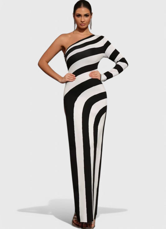 FLOOR - LENGTH SLIM FIT NYLON SPANDEX ONE - SHOULDER DRESS WITH STRIPES - CeciliaDress