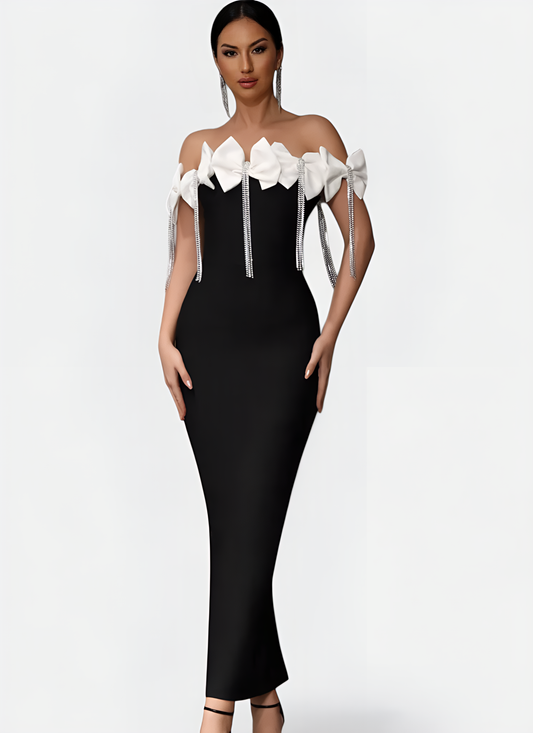 FLOOR-LENGTH SLIM FIT OFF-THE-SHOULDER DRESS WITH BOW IN SPANDEX NYLON