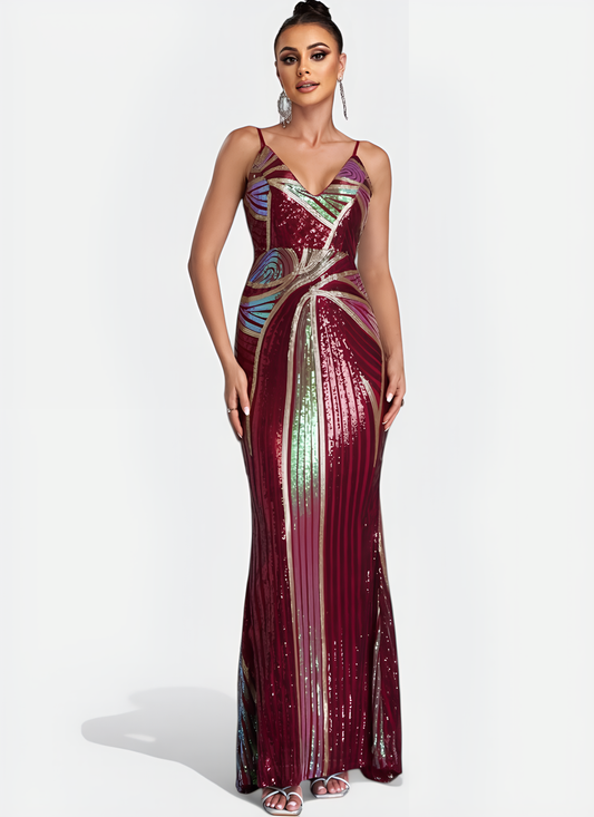 V-NECK SEQUIN MERMAID POLYESTER ANKLE-LENGTH DRESS